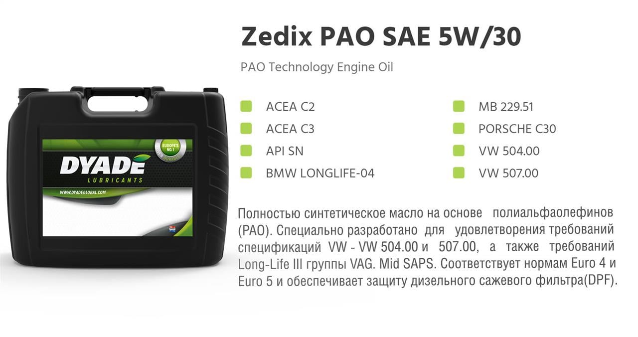 DYADE Lubricants 575553 Моторное масло DYADE Lubricants Zedix PAO 5W-30, 20л 575553: Отличная цена - Купить в Польше на 2407.PL!