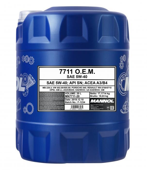 Mannol MN7711-20 Engine oil Mannol 7711 O.E.M. 5W-40, 20L MN771120: Buy near me at 2407.PL in Poland at an Affordable price!