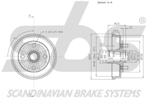 SBS 1825254514 Rear brake drum 1825254514: Buy near me in Poland at 2407.PL - Good price!