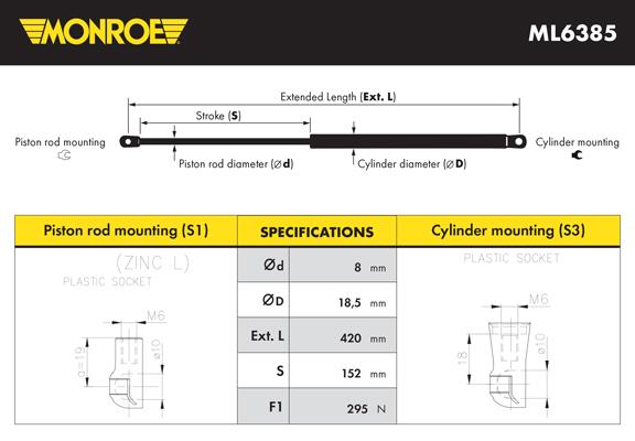 Monroe ML6385 Пружина газова капоту ML6385: Приваблива ціна - Купити у Польщі на 2407.PL!