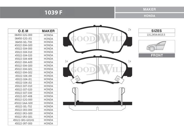 Goodwill 1039 F Brake Pad Set, disc brake 1039F: Buy near me in Poland at 2407.PL - Good price!