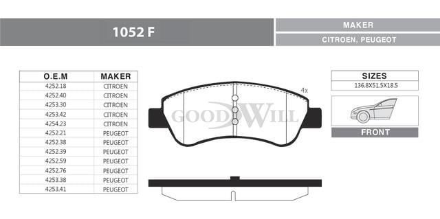 Goodwill 1052 F Brake Pad Set, disc brake 1052F: Buy near me in Poland at 2407.PL - Good price!