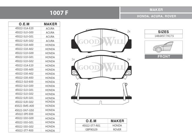 Goodwill 1007 F Brake Pad Set, disc brake 1007F: Buy near me in Poland at 2407.PL - Good price!