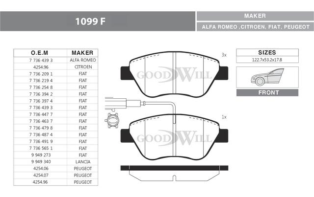 Goodwill 1099 F Brake Pad Set, disc brake 1099F: Buy near me at 2407.PL in Poland at an Affordable price!