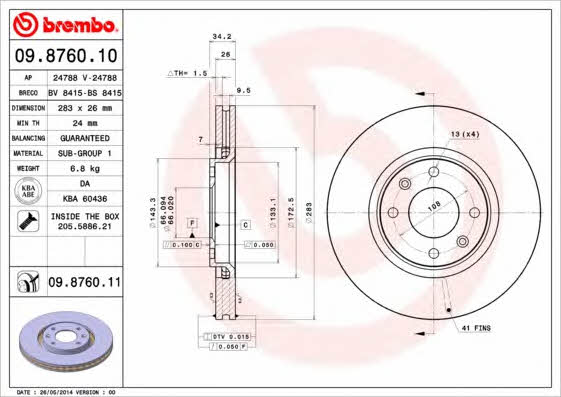 Brembo 09.8760.10 Ventilated disc brake, 1 pcs. 09876010: Buy near me in Poland at 2407.PL - Good price!
