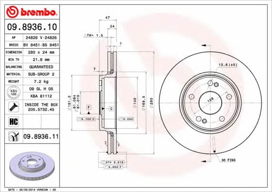 Тормозной диск передний вентилируемый Brembo 09.8936.11