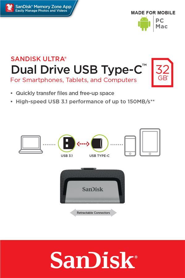 Sandisk SDDDC2-032G-G46 SanDisk 32 GB USB 3.1 + Type-C Ultra Dual R150 MB / s SDDDC2032GG46: Dobra cena w Polsce na 2407.PL - Kup Teraz!