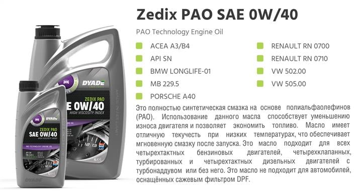 DYADE Lubricants 575478 Engine oil DYADE Lubricants Zedix PAO 0W-40, 5L 575478: Buy near me at 2407.PL in Poland at an Affordable price!