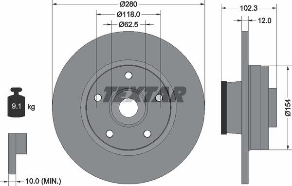 Textar 92153703 Rear brake disc, non-ventilated 92153703: Buy near me in Poland at 2407.PL - Good price!