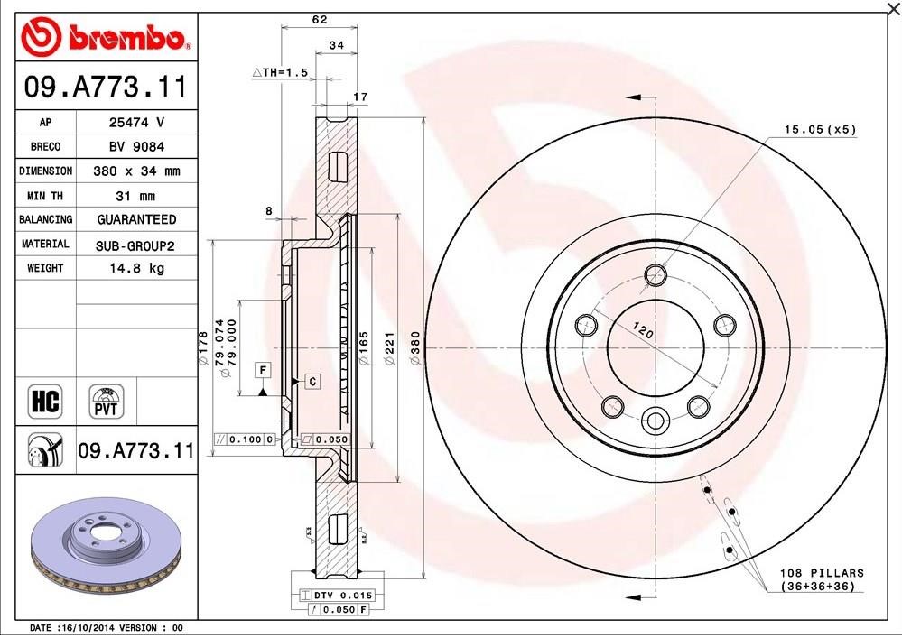 Тормозной диск передний вентилируемый Brembo 09.A773.11