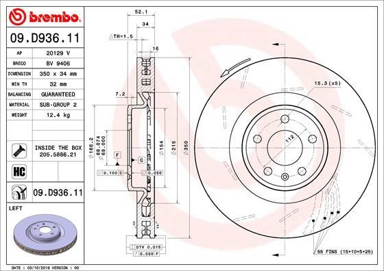 Brembo 09.D936.11 Ventilated front left brake disc 09D93611: Buy near me in Poland at 2407.PL - Good price!