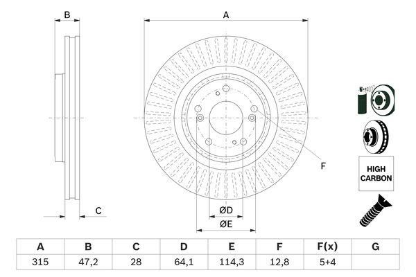 0986479F12 Bosch Front vented brake disc