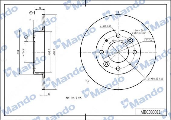 Mando MBC030011 Rear brake disc, non-ventilated MBC030011: Buy near me in Poland at 2407.PL - Good price!