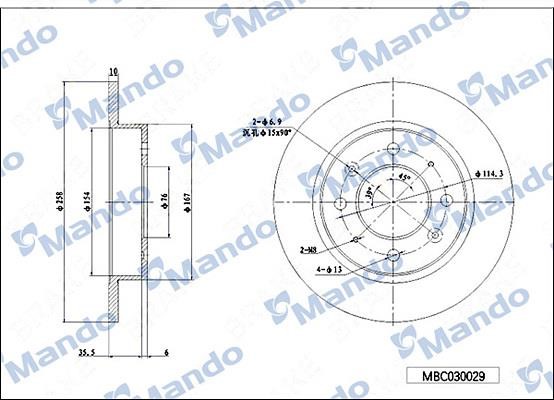 Mando MBC030029 Rear brake disc, non-ventilated MBC030029: Buy near me in Poland at 2407.PL - Good price!