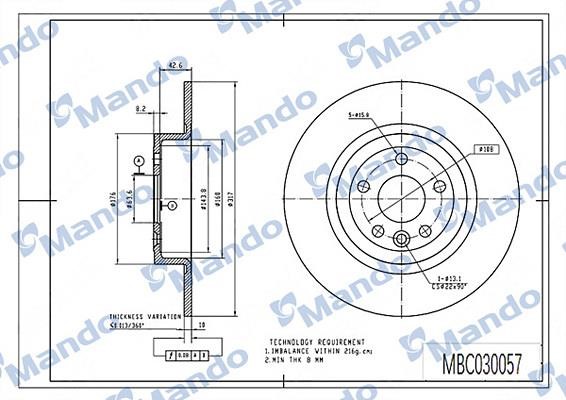 Mando MBC030057 Rear brake disc, non-ventilated MBC030057: Buy near me in Poland at 2407.PL - Good price!