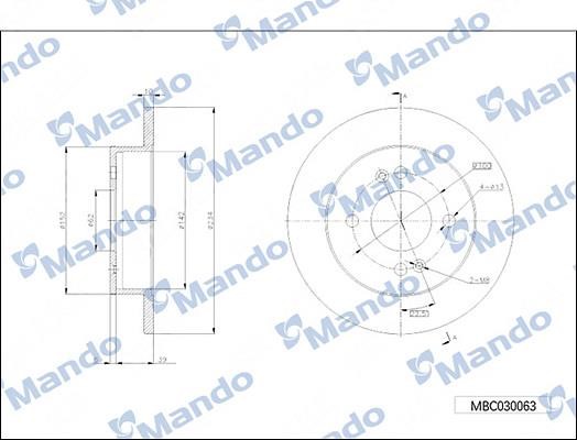 Mando MBC030063 Rear brake disc, non-ventilated MBC030063: Buy near me in Poland at 2407.PL - Good price!