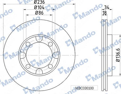 Mando MBC030100 Front brake disc ventilated MBC030100: Buy near me in Poland at 2407.PL - Good price!