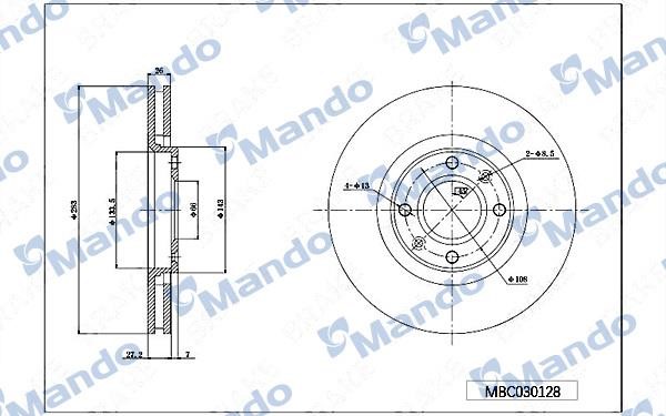 Mando MBC030128 Front brake disc ventilated MBC030128: Buy near me in Poland at 2407.PL - Good price!