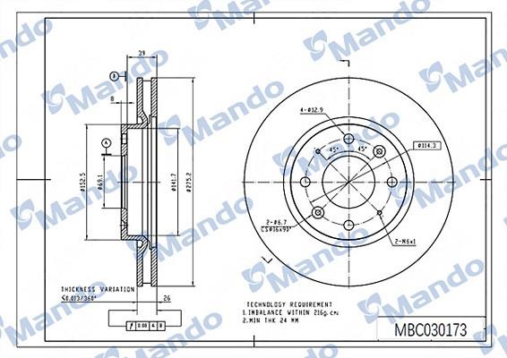Mando MBC030173 Front brake disc ventilated MBC030173: Buy near me in Poland at 2407.PL - Good price!