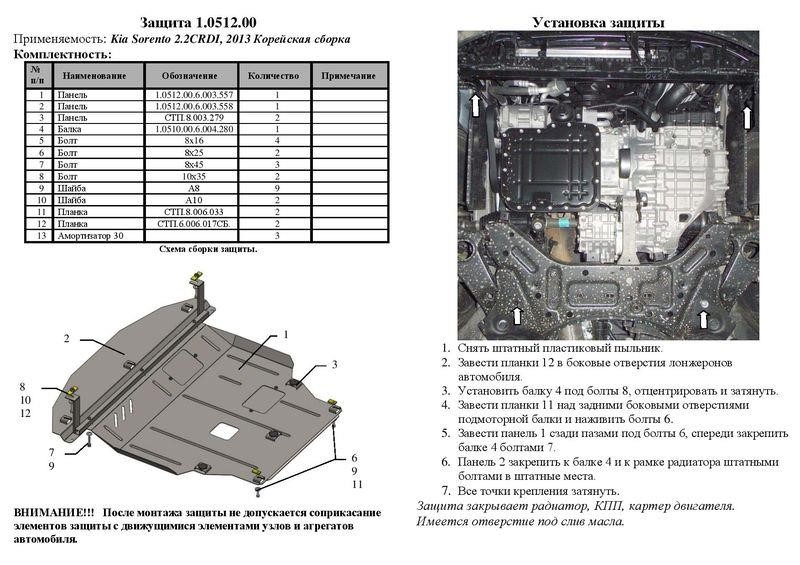 Защита двигателя Kolchuga премиум 2.0512.00 для Kia Sorento (2013-2015), (КПП, радиатор) Kolchuga 2.0512.00