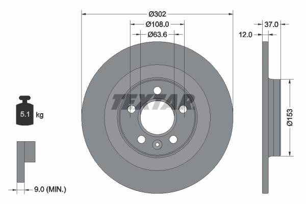 Textar 92304703 Rear brake disc, non-ventilated 92304703: Buy near me in Poland at 2407.PL - Good price!