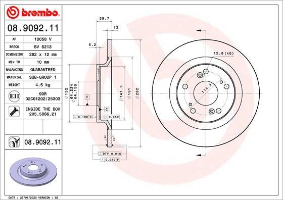 Brembo 08.9092.11 Rear brake disc, non-ventilated 08909211: Buy near me in Poland at 2407.PL - Good price!