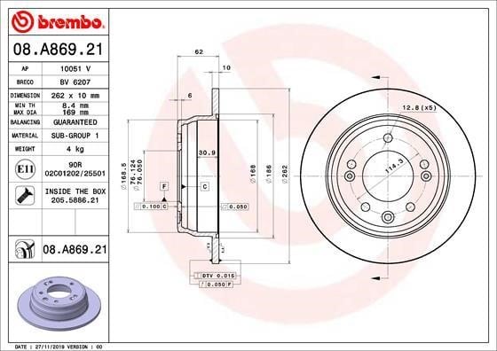 Brembo 08.A869.21 Rear brake disc, non-ventilated 08A86921: Buy near me in Poland at 2407.PL - Good price!