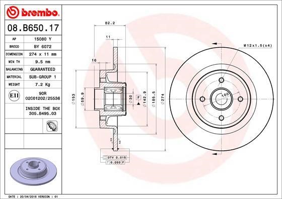 Brembo 08.B650.17 Тормозной диск задний невентилируемый 08B65017: Отличная цена - Купить в Польше на 2407.PL!
