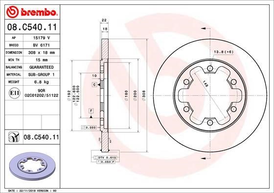 Brembo 08.C540.11 Rear brake disc, non-ventilated 08C54011: Buy near me in Poland at 2407.PL - Good price!