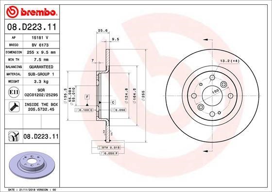 Brembo 08.D223.11 Тормозной диск задний невентилируемый 08D22311: Отличная цена - Купить в Польше на 2407.PL!