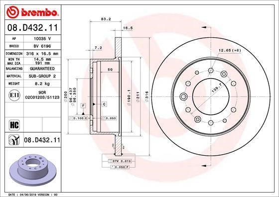 Brembo 08.D432.11 Unventilated brake disc 08D43211: Buy near me in Poland at 2407.PL - Good price!
