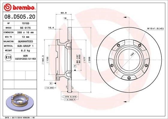 Brembo 08.D505.20 Rear brake disc, non-ventilated 08D50520: Buy near me in Poland at 2407.PL - Good price!