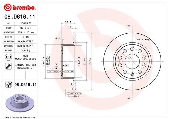 Brembo 08.D616.11 Rear brake disc, non-ventilated 08D61611: Buy near me in Poland at 2407.PL - Good price!