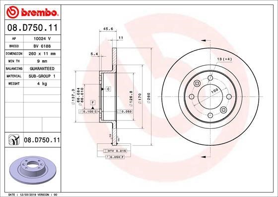 Brembo 08.D750.11 Unventilated brake disc 08D75011: Buy near me in Poland at 2407.PL - Good price!