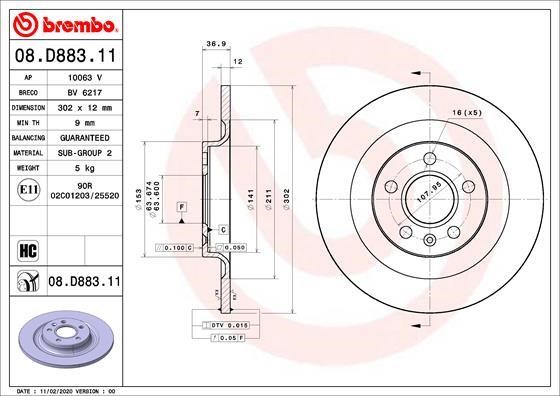 Brembo 08.D883.11 Rear brake disc, non-ventilated 08D88311: Buy near me in Poland at 2407.PL - Good price!