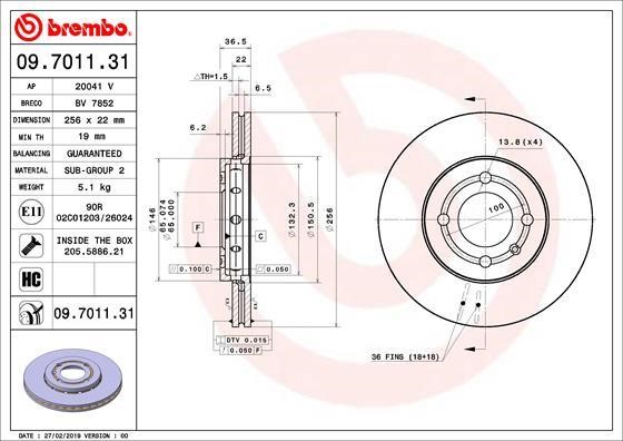 Brembo 09.7011.31 Front brake disc ventilated 09701131: Buy near me in Poland at 2407.PL - Good price!