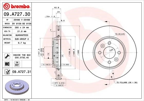 Brembo 09.A727.30 Front brake disc ventilated 09A72730: Buy near me in Poland at 2407.PL - Good price!