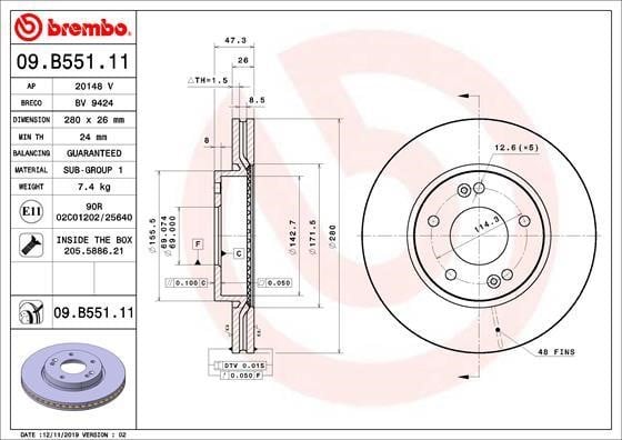 Brembo 09.B551.11 Front brake disc ventilated 09B55111: Buy near me at 2407.PL in Poland at an Affordable price!