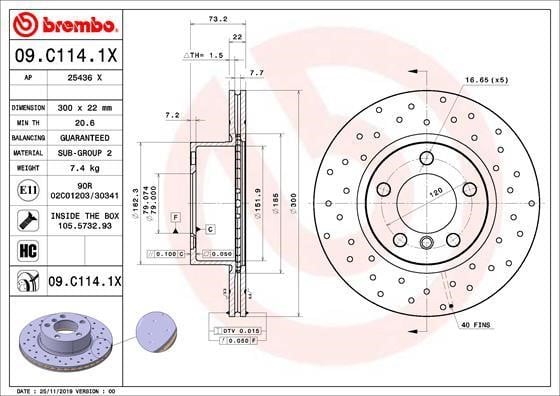 Brembo 09.C114.1X Ventilated brake disc with perforation 09C1141X: Buy near me in Poland at 2407.PL - Good price!