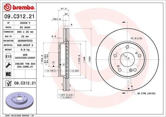 Brembo 09.C312.21 Тормозной диск передний вентилируемый 09C31221: Отличная цена - Купить в Польше на 2407.PL!