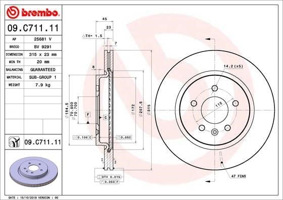 Brembo 09.C711.11 Тормозной диск задний вентилируемый 09C71111: Отличная цена - Купить в Польше на 2407.PL!