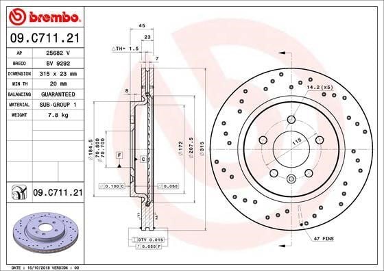 Brembo 09.C711.21 Rear ventilated brake disc 09C71121: Buy near me in Poland at 2407.PL - Good price!