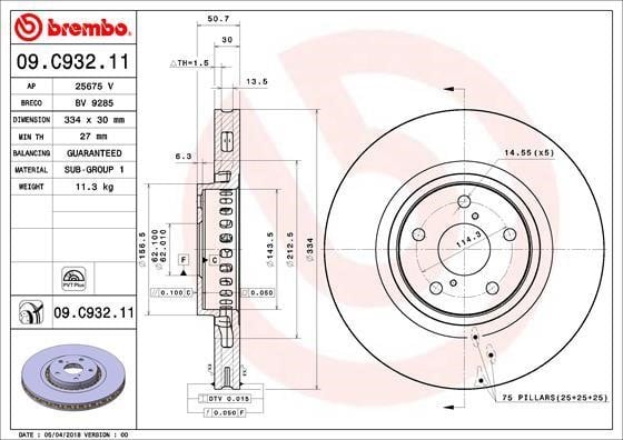 Brembo 09.C932.11 Тормозной диск вентилируемый, 1 шт. 09C93211: Отличная цена - Купить в Польше на 2407.PL!