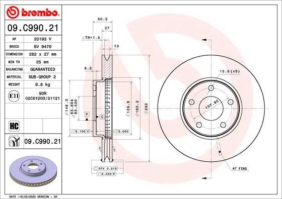 Brembo 09.C990.21 Front brake disc ventilated 09C99021: Buy near me at 2407.PL in Poland at an Affordable price!