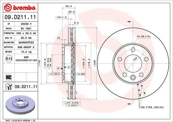 Brembo 09.D211.11 Front brake disc ventilated 09D21111: Buy near me in Poland at 2407.PL - Good price!