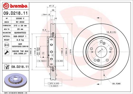 Brembo 09.D218.11 Front brake disc ventilated 09D21811: Buy near me at 2407.PL in Poland at an Affordable price!