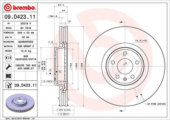 Brembo 09.D423.11 Ventilated disc brake, 1 pcs. 09D42311: Buy near me in Poland at 2407.PL - Good price!