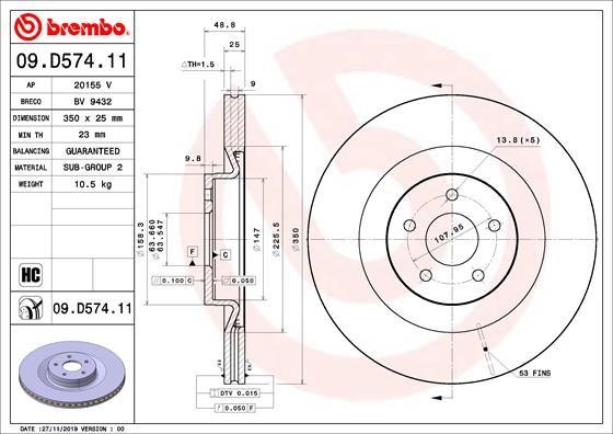 Brembo 09.D574.11 Front brake disc ventilated 09D57411: Buy near me in Poland at 2407.PL - Good price!