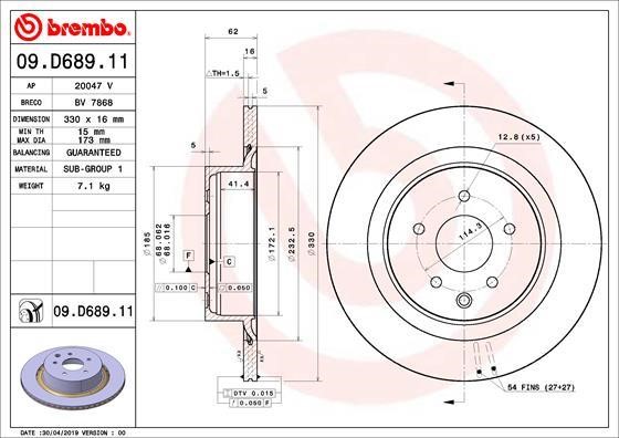 Brembo 09.D689.11 Rear ventilated brake disc 09D68911: Buy near me in Poland at 2407.PL - Good price!