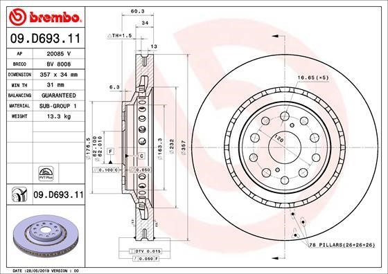 Brembo 09.D693.11 Ventilated disc brake, 1 pcs. 09D69311: Buy near me in Poland at 2407.PL - Good price!